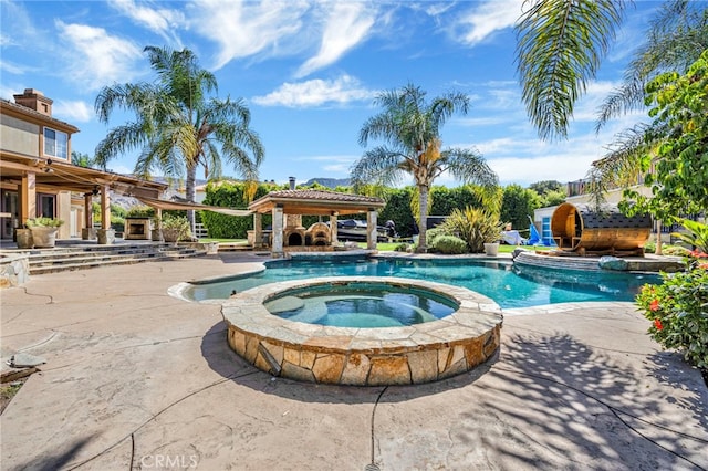 view of pool featuring a gazebo, a pergola, an in ground hot tub, and a patio area