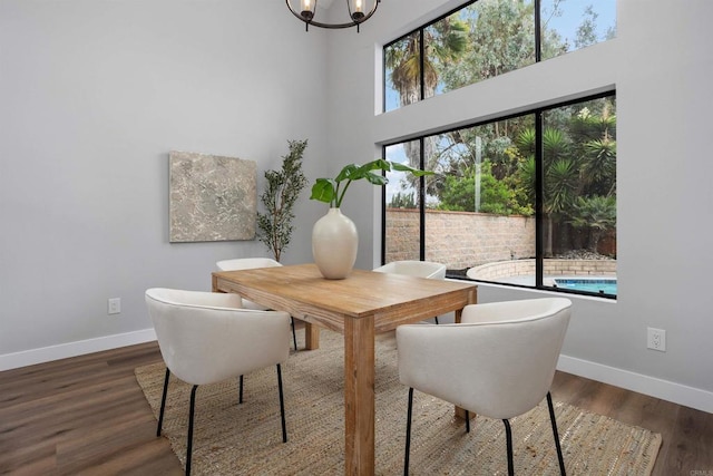 dining area with a towering ceiling, dark hardwood / wood-style floors, and a healthy amount of sunlight