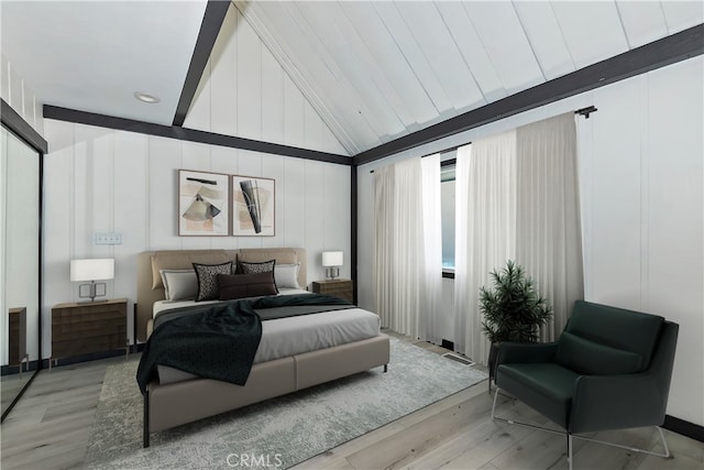 bedroom featuring light hardwood / wood-style flooring and high vaulted ceiling