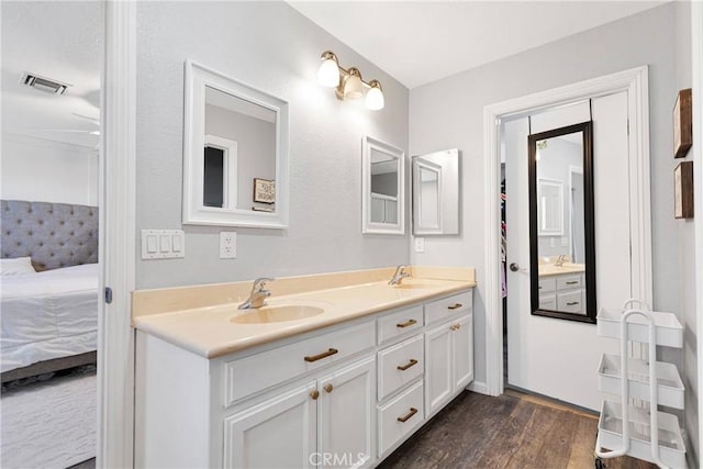 bathroom with wood-type flooring and vanity