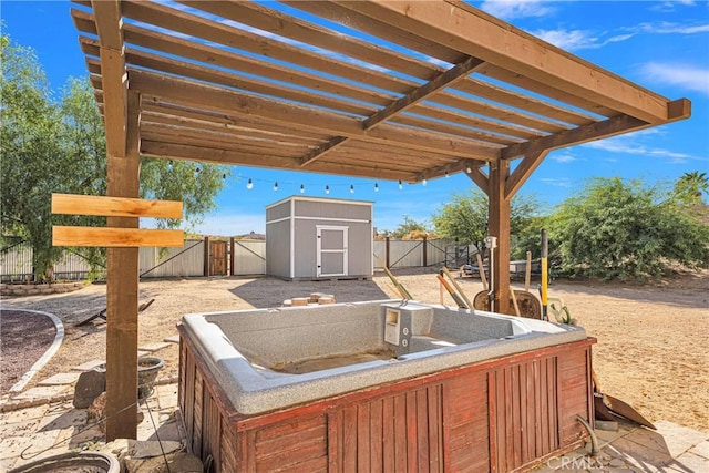 view of patio / terrace featuring a shed and a pergola