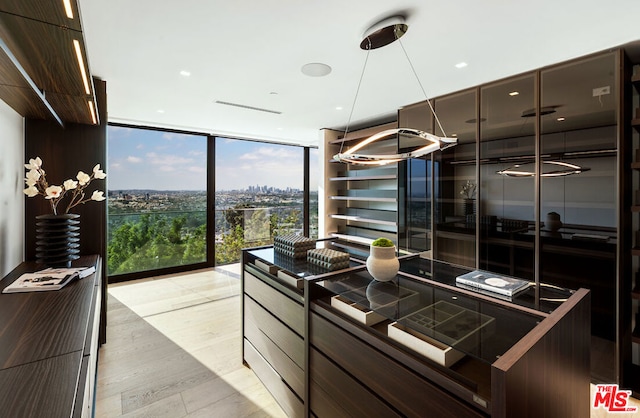 kitchen featuring light wood-type flooring, a wall of windows, and dark brown cabinetry