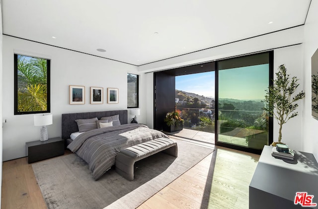 bedroom featuring light hardwood / wood-style floors and access to outside