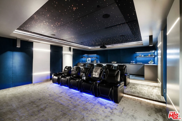 cinema room with a raised ceiling and carpet floors