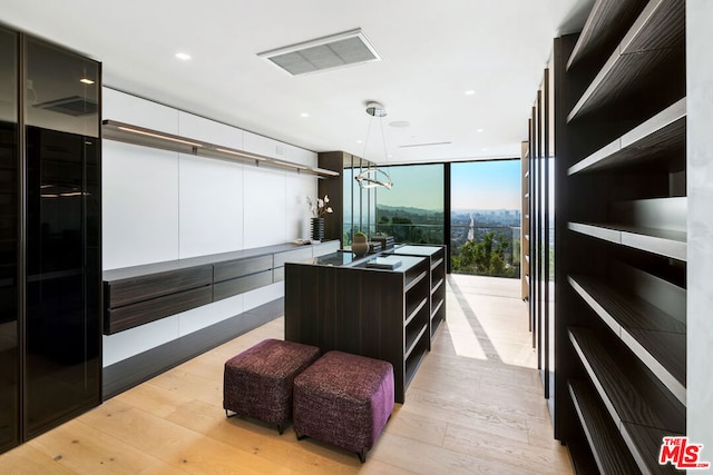 spacious closet featuring an inviting chandelier and light wood-type flooring