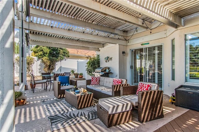 view of patio / terrace with a pergola, a deck, and an outdoor hangout area