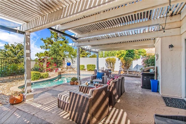 view of patio / terrace featuring a fenced in pool and a pergola