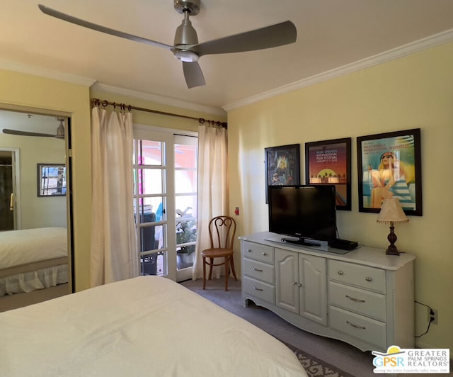 bedroom with ceiling fan, carpet, and ornamental molding