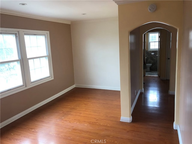 entrance foyer featuring wood-type flooring, ornamental molding, and plenty of natural light