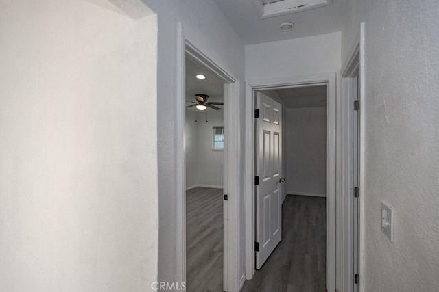 corridor with dark hardwood / wood-style flooring