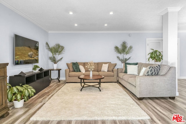 living room featuring a textured ceiling, light wood-type flooring, and crown molding