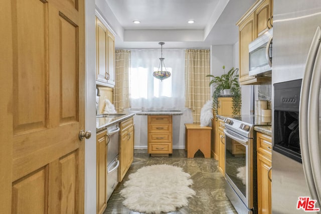 kitchen with tasteful backsplash, stainless steel appliances, a raised ceiling, pendant lighting, and light brown cabinets