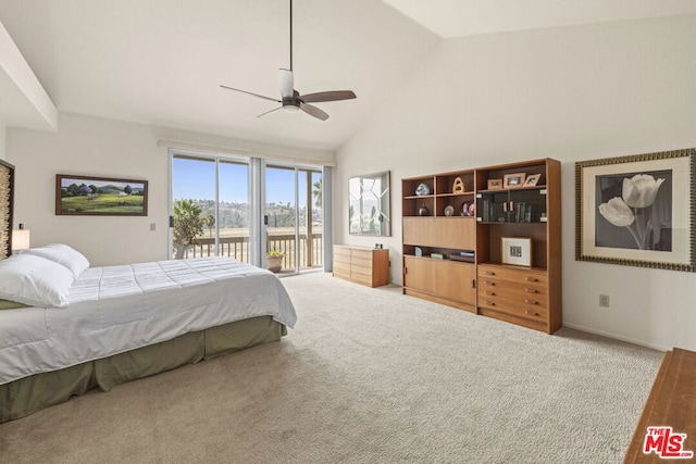 bedroom with access to exterior, carpet, high vaulted ceiling, and ceiling fan