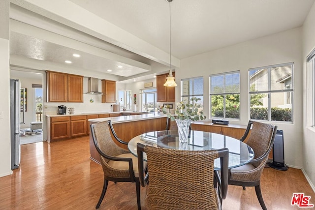 dining space with a wealth of natural light and light hardwood / wood-style flooring