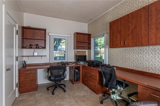 home office with a textured ceiling