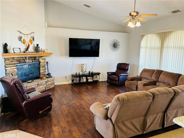 living room featuring ceiling fan, a fireplace, lofted ceiling, and hardwood / wood-style flooring