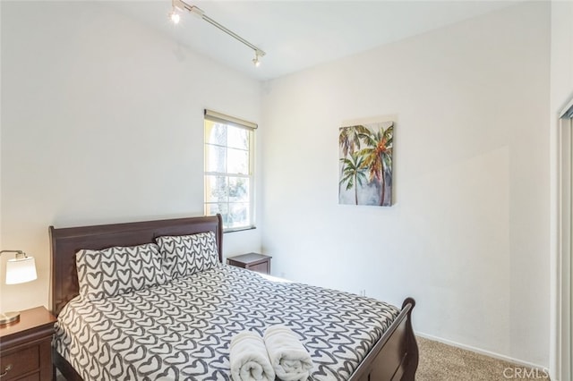 bedroom featuring carpet floors and track lighting