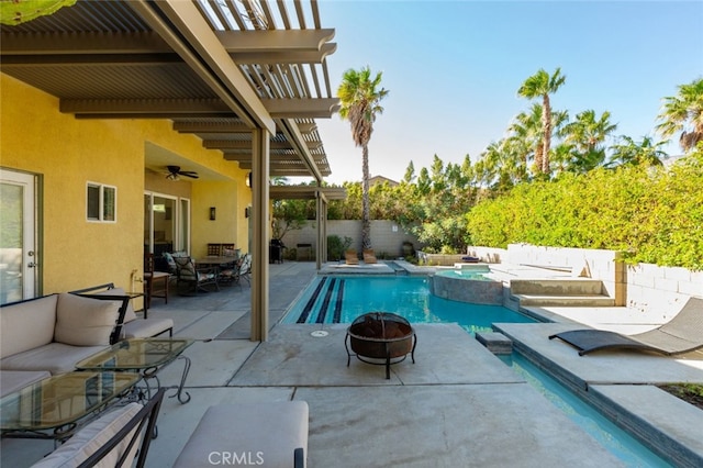 view of pool with a pergola, a patio area, an outdoor living space, an in ground hot tub, and ceiling fan