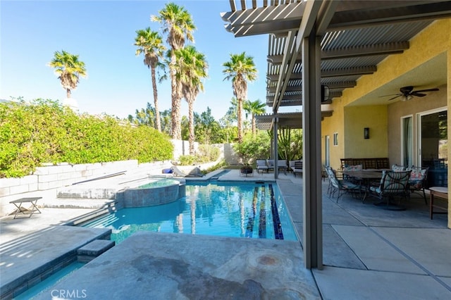 view of pool featuring ceiling fan, an in ground hot tub, outdoor lounge area, a patio area, and a pergola