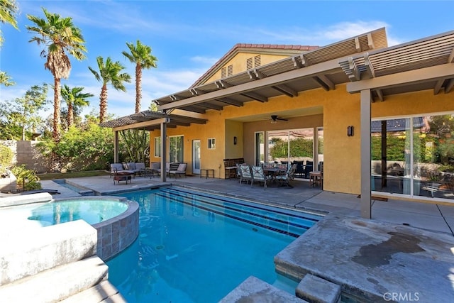 view of swimming pool with a patio, ceiling fan, and outdoor lounge area