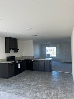 kitchen featuring ventilation hood, black electric range, and kitchen peninsula