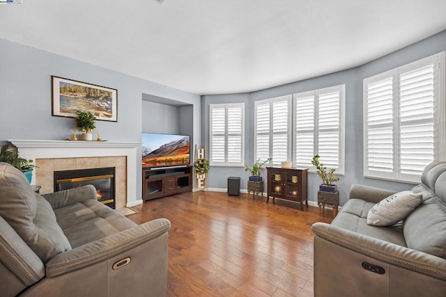 living room featuring hardwood / wood-style flooring and a fireplace