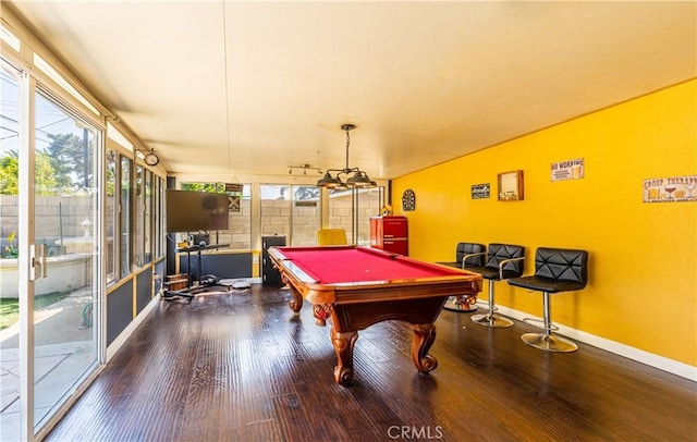 rec room featuring a wealth of natural light, dark wood-type flooring, and pool table