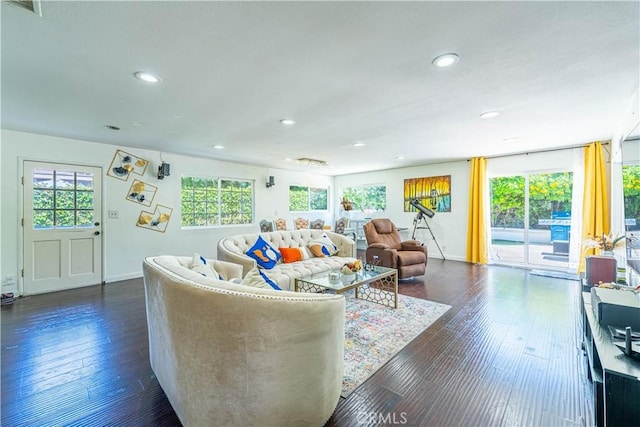 living room with dark hardwood / wood-style floors