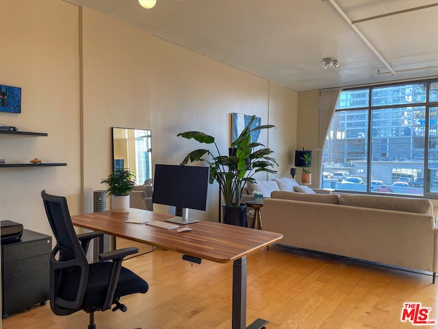 home office featuring a wall of windows and light hardwood / wood-style floors