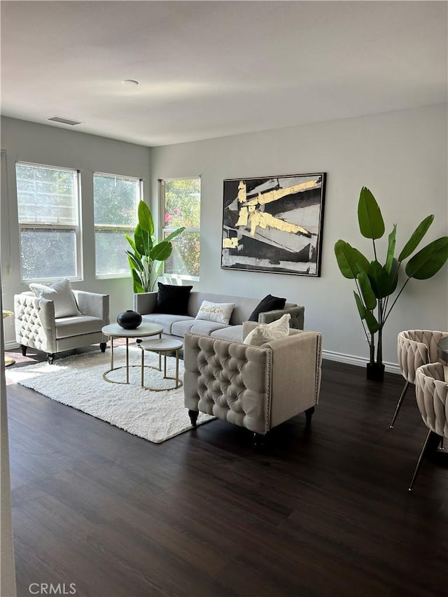 living room with dark hardwood / wood-style flooring