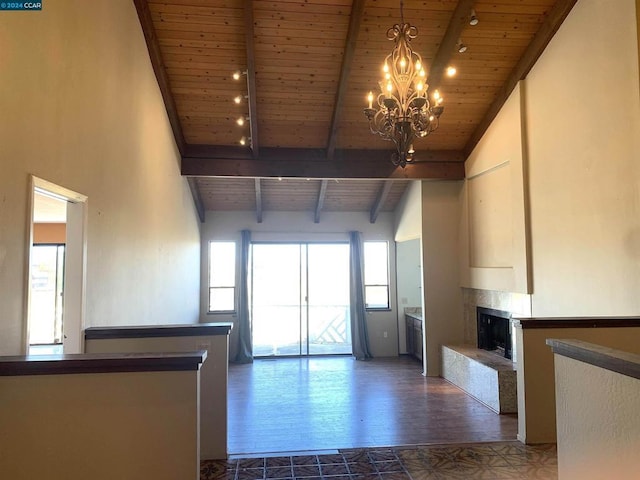 kitchen with decorative light fixtures, beam ceiling, dark hardwood / wood-style flooring, wood ceiling, and a chandelier