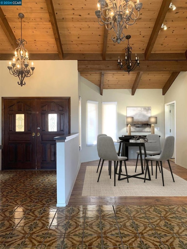 entryway featuring beamed ceiling, wooden ceiling, and a notable chandelier