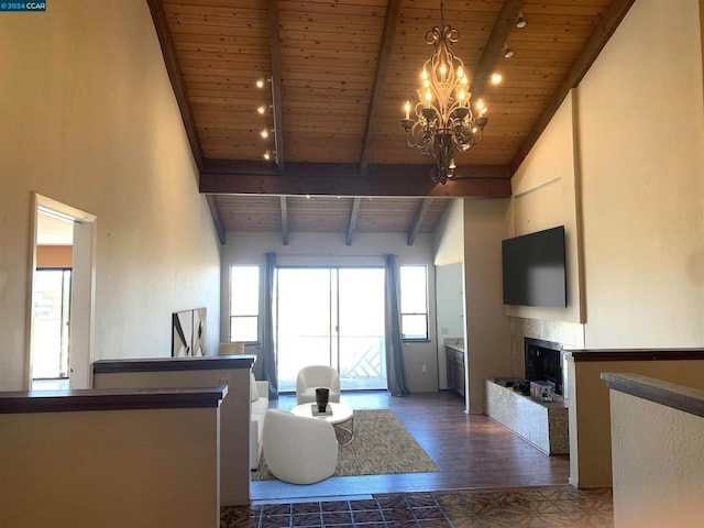 unfurnished living room featuring high vaulted ceiling, an inviting chandelier, dark hardwood / wood-style floors, beamed ceiling, and wood ceiling