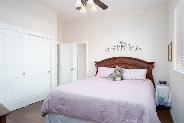 bedroom featuring dark hardwood / wood-style flooring, ceiling fan, and a closet