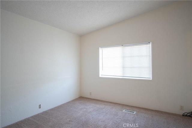 empty room featuring vaulted ceiling, a textured ceiling, and carpet flooring