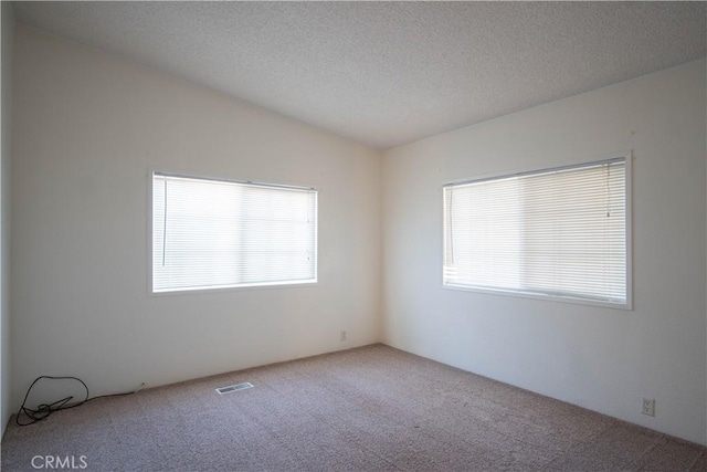 spare room with vaulted ceiling, a textured ceiling, and carpet