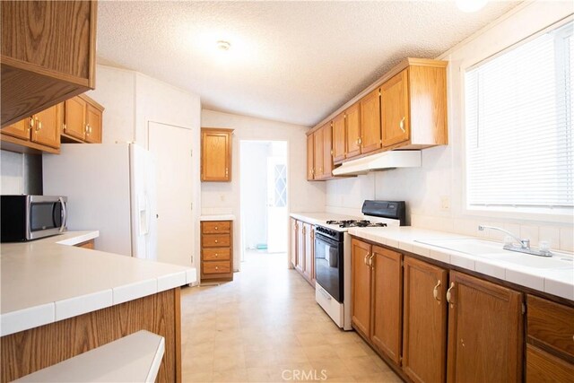 kitchen with a healthy amount of sunlight, sink, white appliances, and a textured ceiling