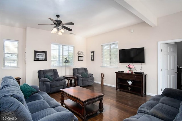 living room featuring dark hardwood / wood-style flooring, ceiling fan, and beamed ceiling