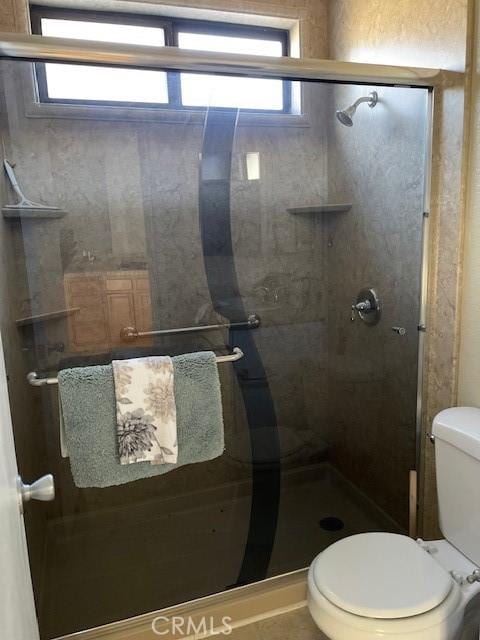 bathroom with walk in shower, a healthy amount of sunlight, and toilet