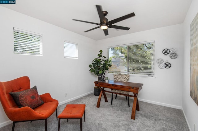 home office featuring ceiling fan, a healthy amount of sunlight, and carpet floors