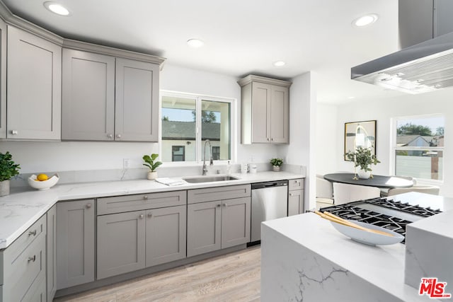 kitchen featuring a healthy amount of sunlight, sink, stainless steel dishwasher, and light hardwood / wood-style flooring