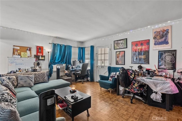 living room with parquet flooring