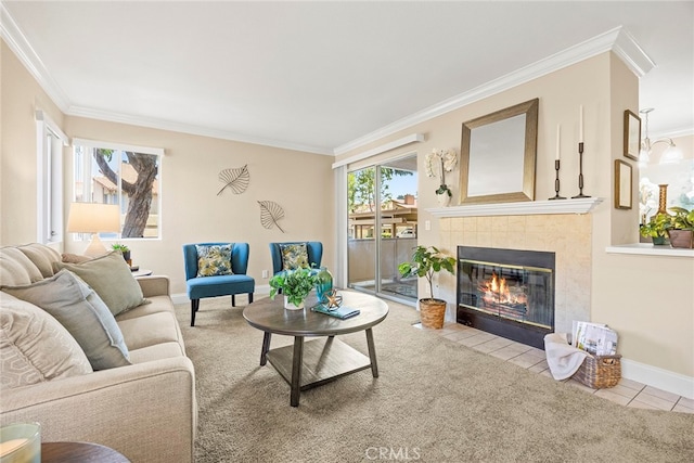 living room with a fireplace, ornamental molding, and light carpet