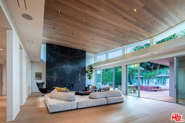 living room with a towering ceiling, a premium fireplace, and a wealth of natural light