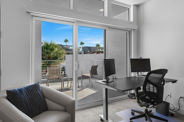 home office with light carpet