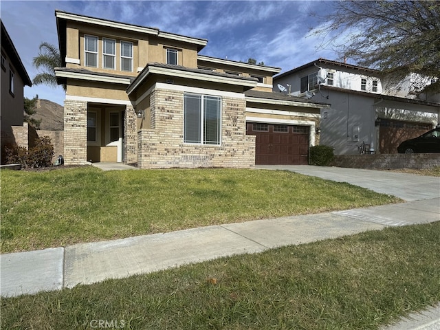 prairie-style house with a front yard and a garage