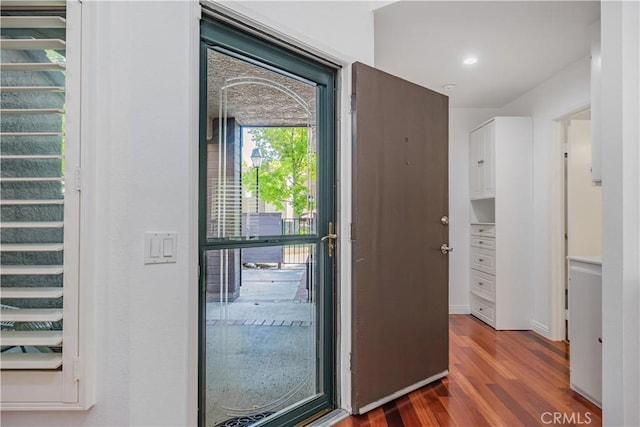 doorway with dark wood-type flooring