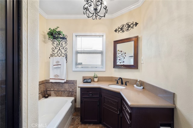 bathroom featuring crown molding, a washtub, vanity, and an inviting chandelier