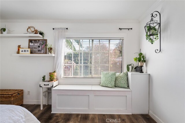 bedroom featuring ornamental molding, dark hardwood / wood-style flooring, and multiple windows