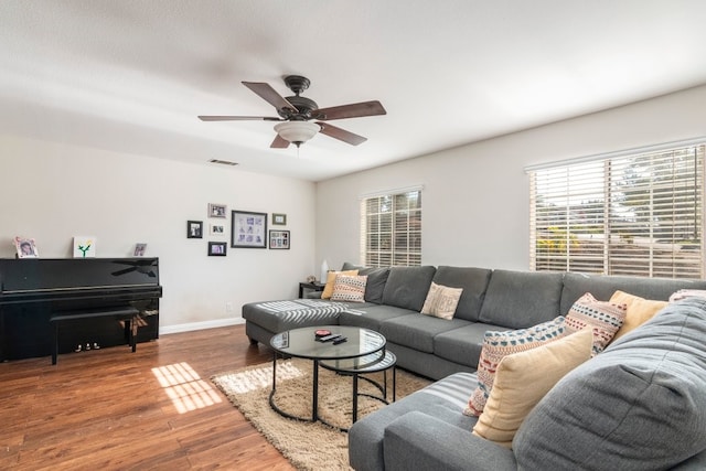 living room with ceiling fan, wood-type flooring, and a wealth of natural light